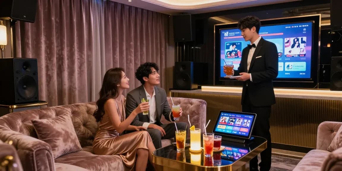 강남 구구단에서 프리미엄 노래방을 즐기는 커플의 모습, https://www.gugudanlounge.com/에서의 고급스러운 환경을 보여줍니다.