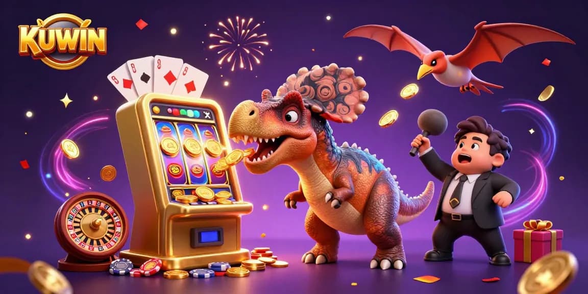 KUWIN celebrates with a dinosaur jackpot scene showcasing a lively casino atmosphere filled with coins and excitement.