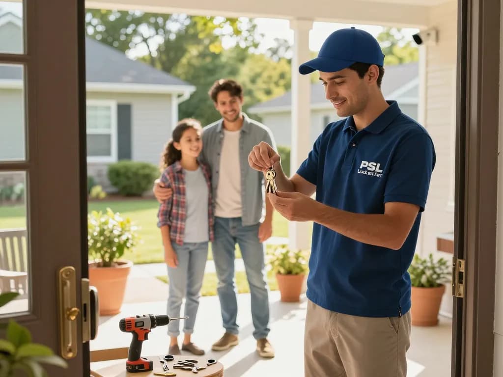 PSL Lock and Key locksmith demonstrating quality lock installation for a family at their home.