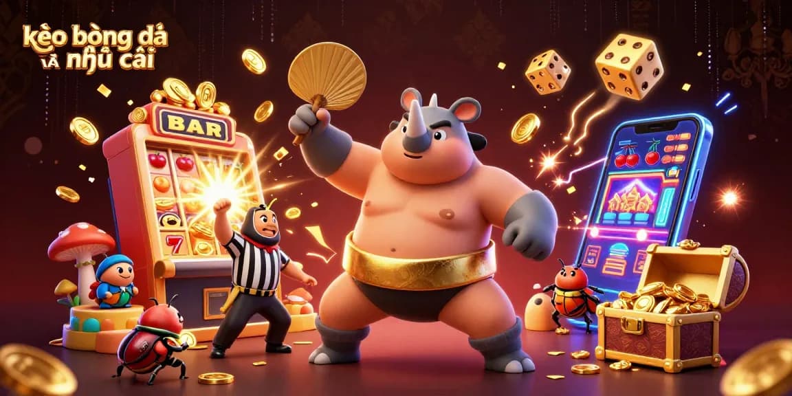 Engaging illustration of kèo bóng đá nhà cái showcasing a beetle sumo champion amidst a vibrant casino scene with flying coins and dynamic game elements.