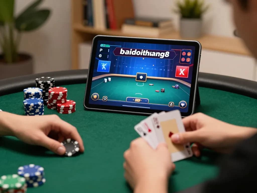 Engaged player strategizing in online poker on gamebaidoithuong8 tablet