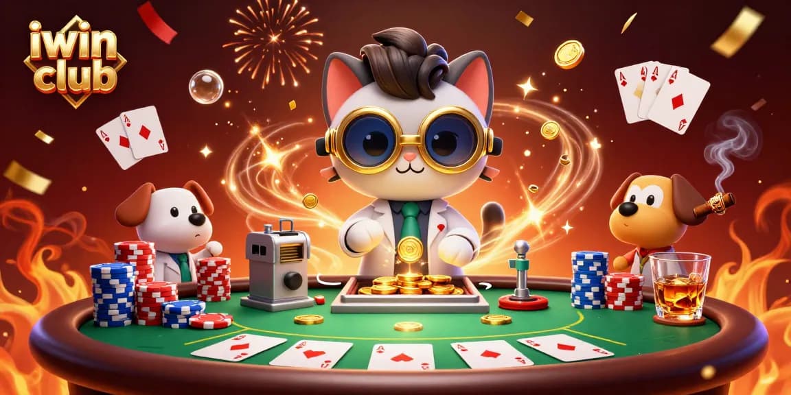Experience the thrilling iwin club with a lively casino scene featuring poker elements and vibrant characters.