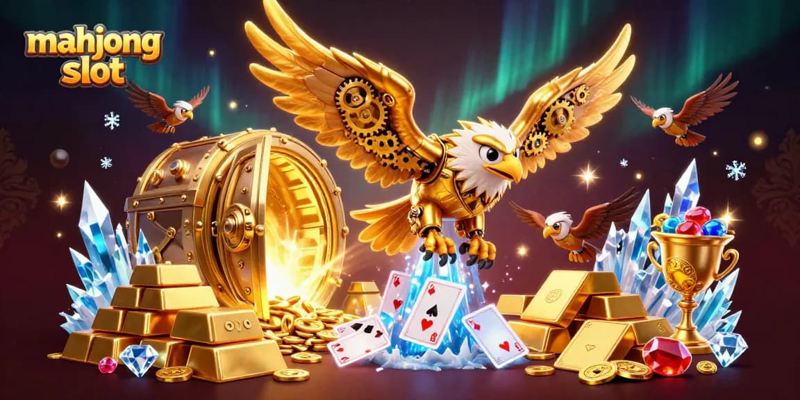 Experience excitement with mahjong slot as treasures and cards soar around a golden eagle.