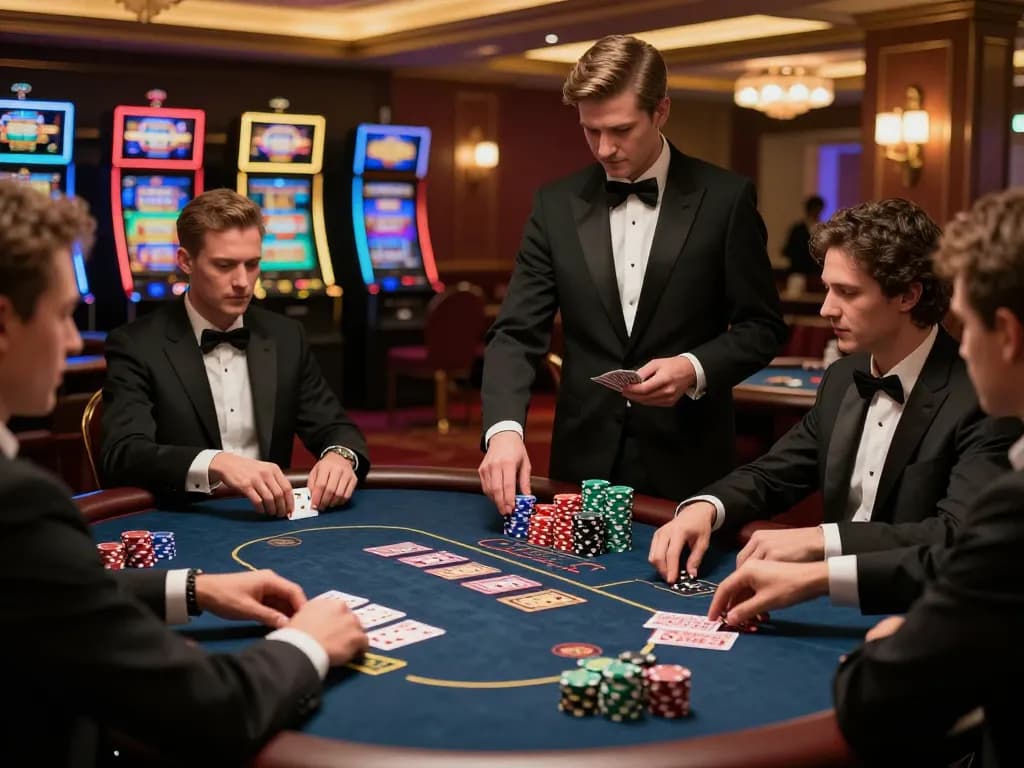 Players engage in a high-stakes poker game at okwin, showcasing vibrant chips and cards in a luxury casino setting.