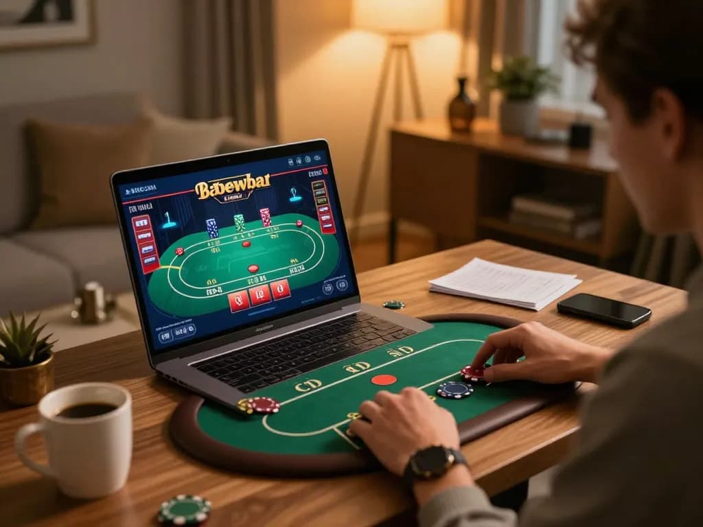 Open88 player engaging in strategic online gambling at home, showcasing sophisticated gaming setup.