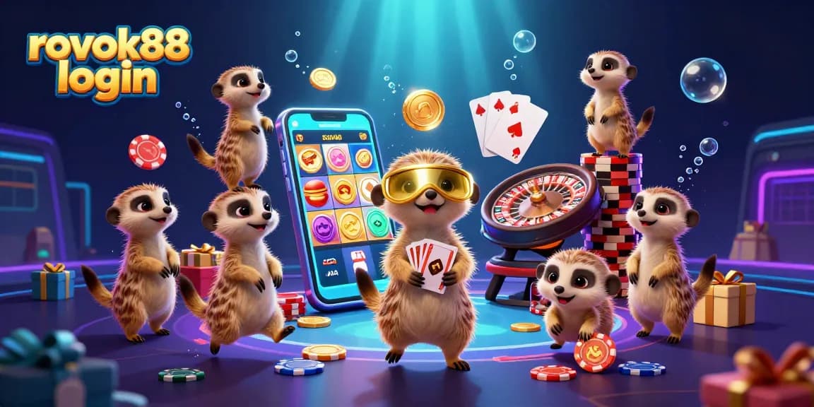 Engage with rokok88 login as meerkats orchestrate a vibrant casino scene filled with dynamic gaming elements.