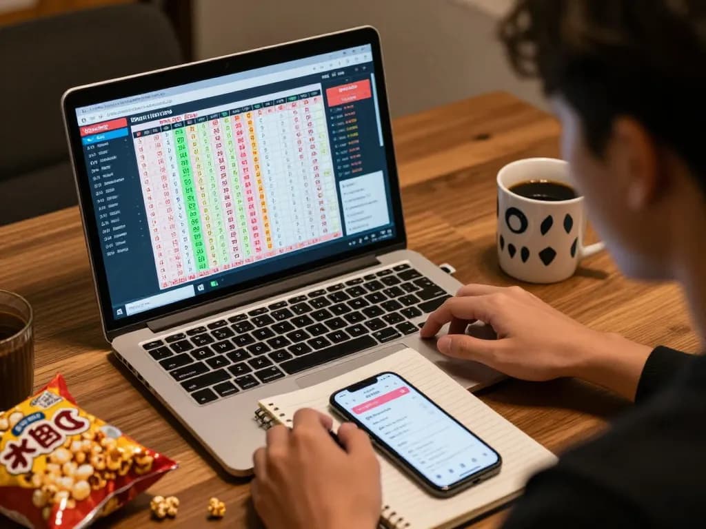Engaging bettor analyzing Data HK results on a laptop in a warm lighting environment.