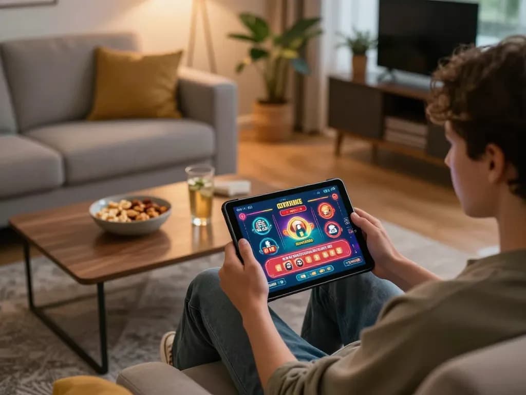 Engaged player using the tr88 app in a cozy home setup, showcasing online gaming excitement.