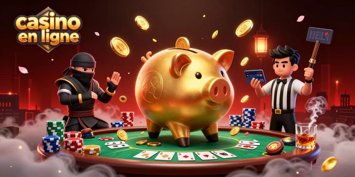 Une scène dynamique de casino en ligne avec un sumo en forme de tirelire et des éléments de jeu captivants.