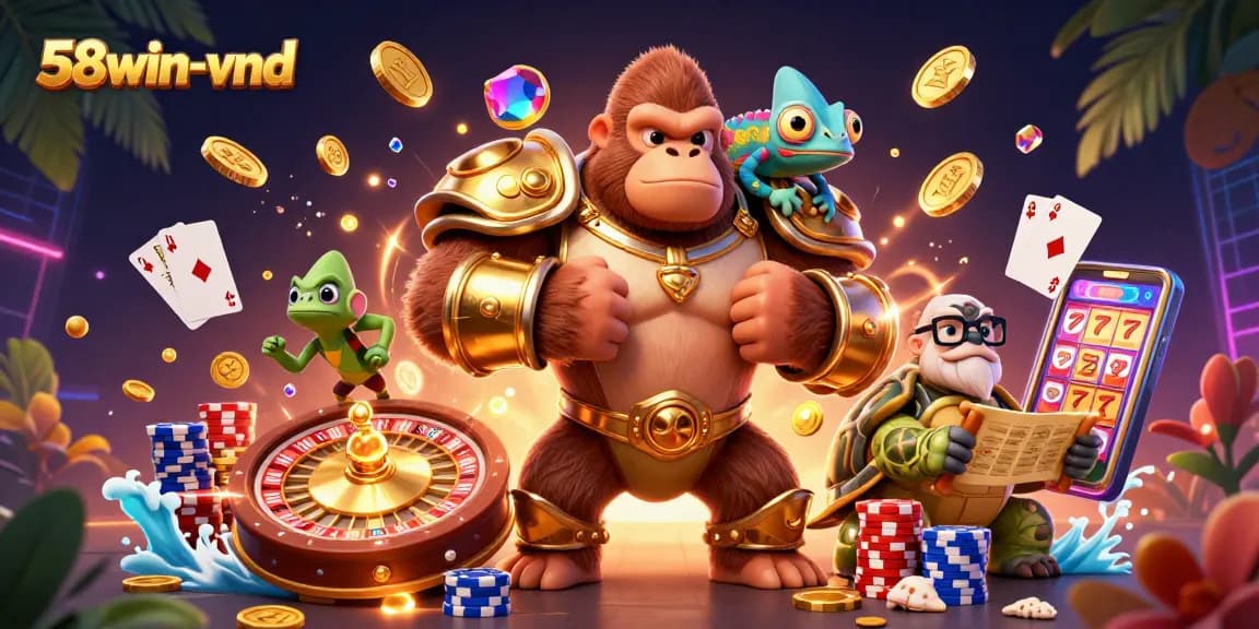 Engaging scene depicting 58win-vnd with a dynamic cartoon gorilla, chameleon, and tortoise amidst casino elements.