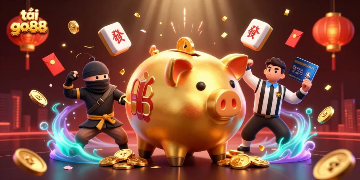 Play exciting games and tải go88 with the dynamic golden piggy bank and characters in this vibrant gambling illustration.