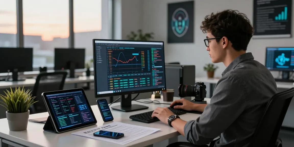 Expert analyzing data to recover stolen cryptocurrency in a tech office.