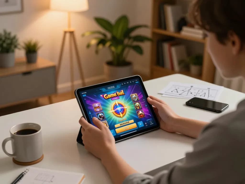 Engaging gameplay on Game bài nổ hũ displayed on tablet with cozy atmosphere.
