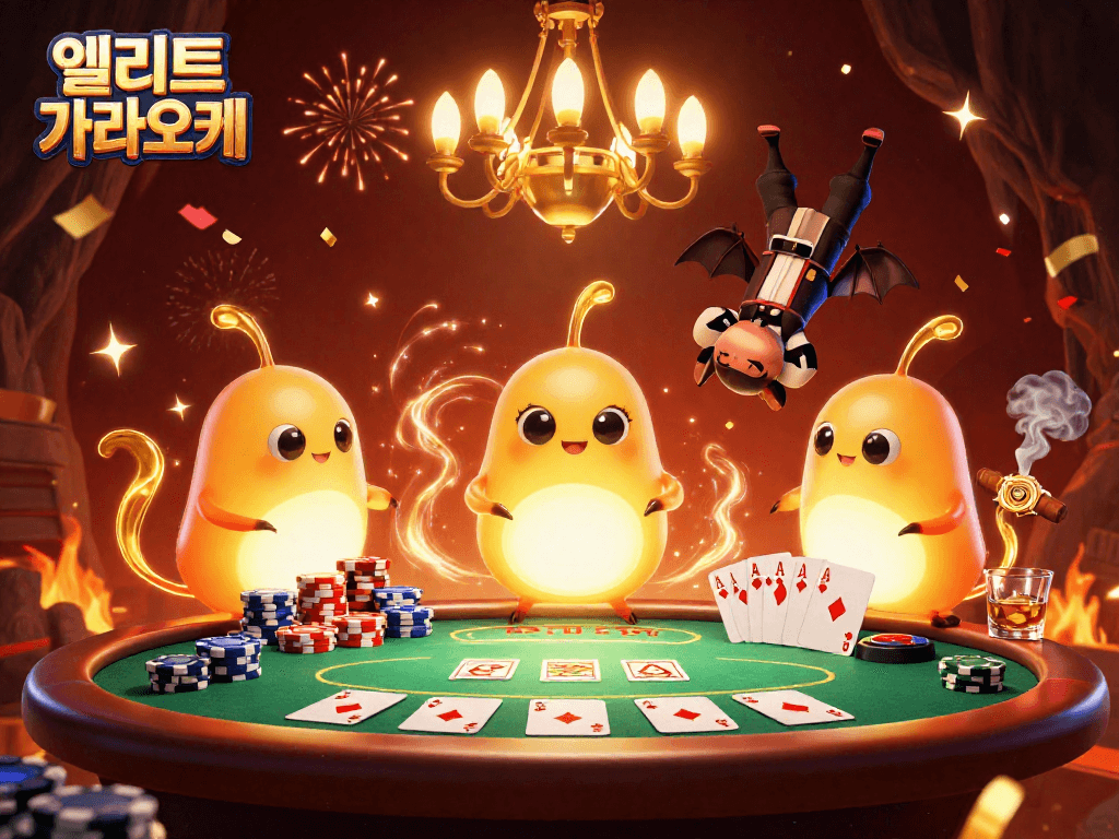 엘리트 가라오케에서 빛나는 생물빛이 있는 캐릭터들이 카지노에서 공연하는 모습과 포커 테이블.