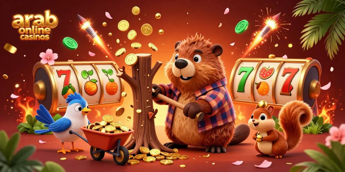 Engage with arab online casinos featuring a cartoon beaver and friends celebrating winnings amidst coins and slots.
