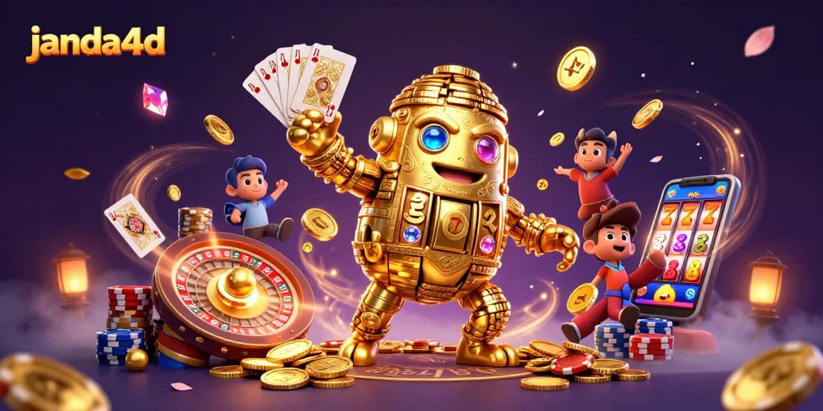 Janda4D menyajikan ilustrasi kasino online dengan golem emas, simbol mesin slot, dan banyak koin berkilauan.