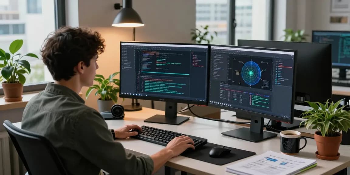 Engineer coding OpenClaw AI on dual monitors in a modern workspace with vibrant plants.