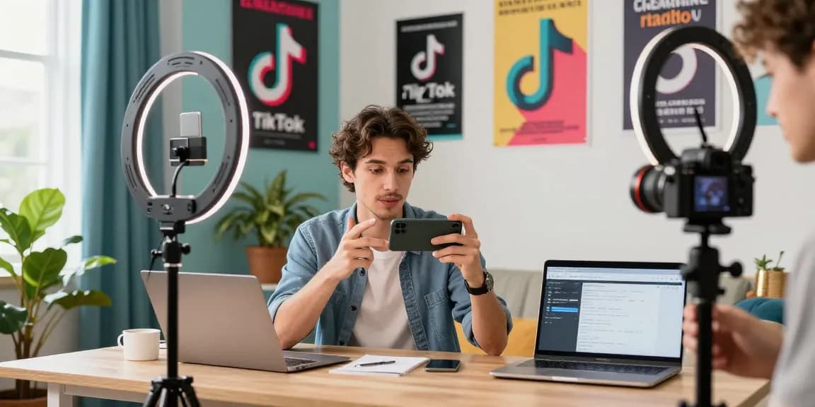 Engaging TikTok growth strategy scene showcasing an influencer filming content in a vibrant home studio.