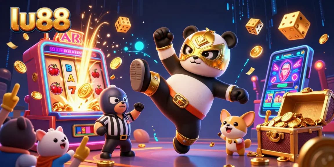 lu88 casino scene featuring a wrestler panda kicking, surrounded by vibrant slot game elements