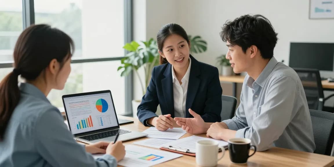 税理士が現代的なオフィスで小規模事業者に みん社保 の利点を説明している。