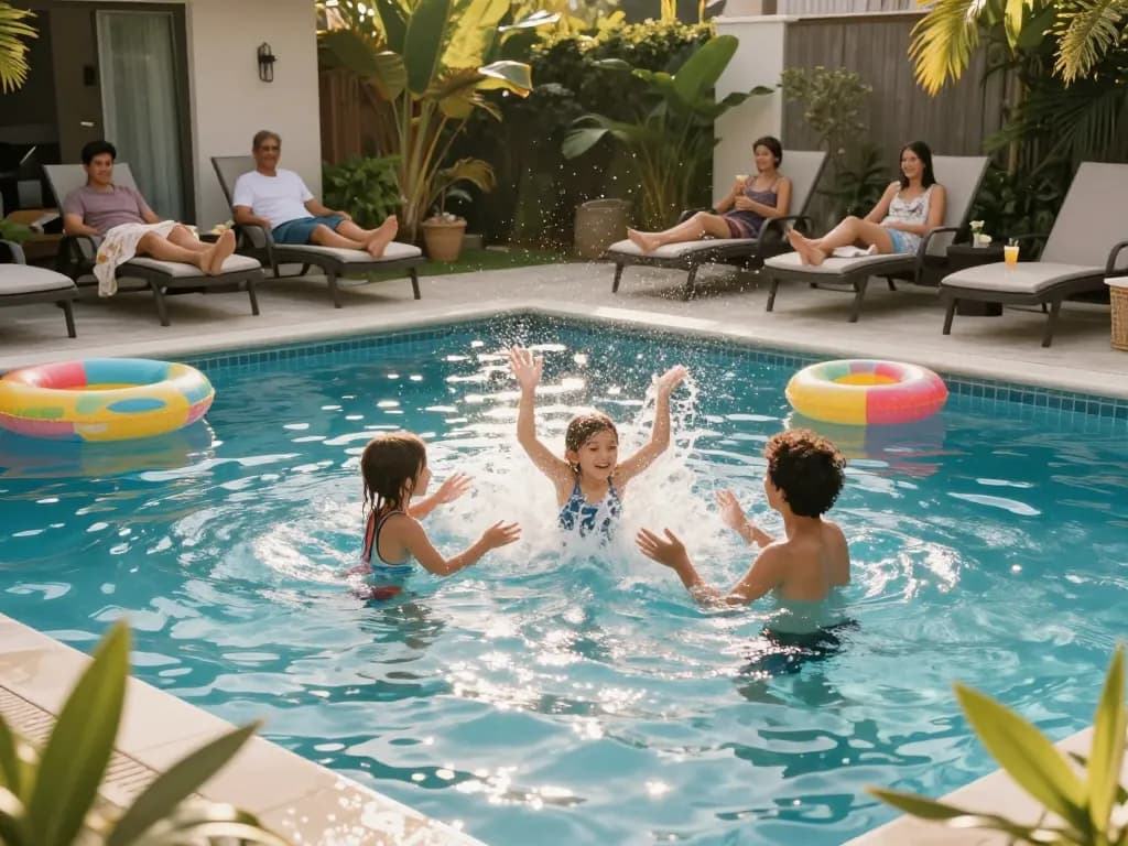 Dolphin Pool Services ensuring a joyful family experience by the poolside, with children playing and parents relaxing.
