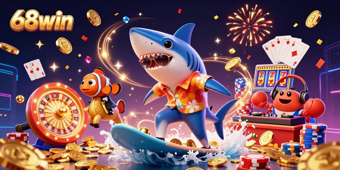 A 3D illustration highlighting 68win with a hammer-head shark and exciting casino elements like coins and cards.