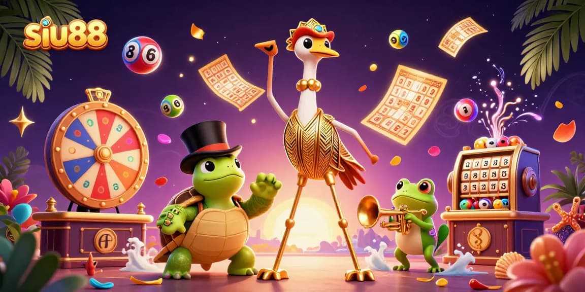 Play and win at SIU88 with a vibrant casino-themed 3D illustration showcasing energetic game elements.