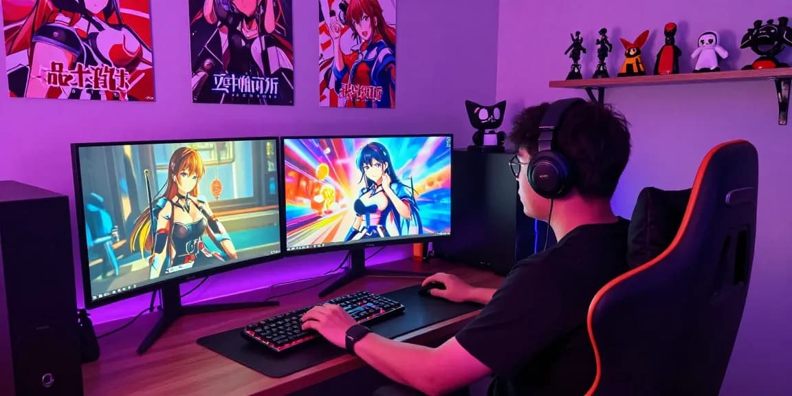 Adult gamer enjoying a game hentai with immersive setup and vibrant gaming atmosphere.