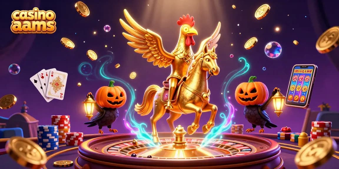 Un casinò non AAMS animato con un gallo d'oro che gioca con carte e croupier fantasma.
