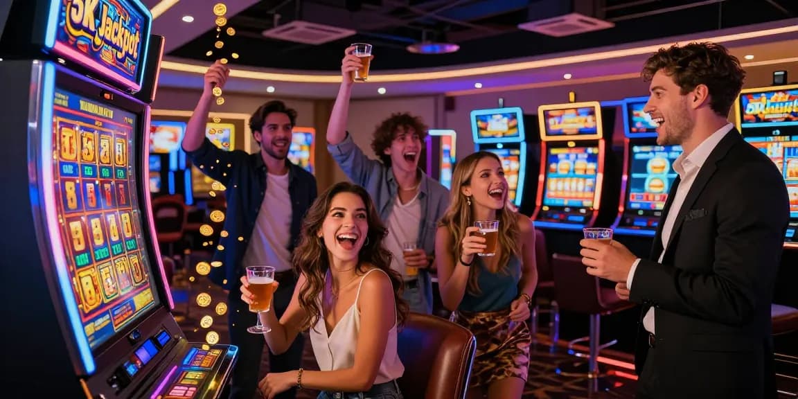 Exciting casino moment with friends celebrating wins at the slot 5k machine, vibrant atmosphere and neon lights.