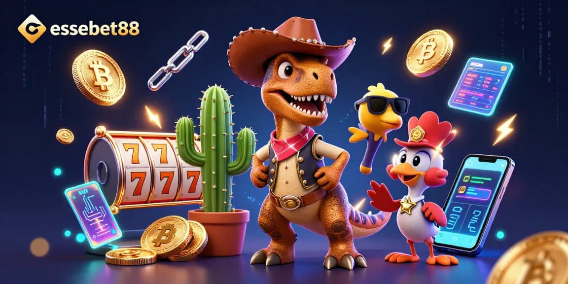 Experience winning with essebet88's vibrant slot scene featuring T-Rex and friends.
