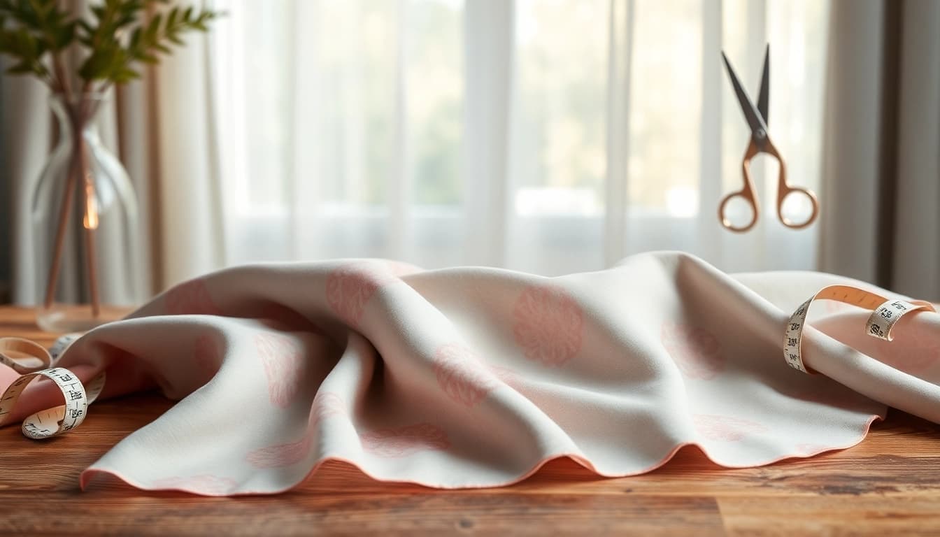 Viscose stof met rijke textuur en kleuren op houten tafel, benadrukt elegantie.