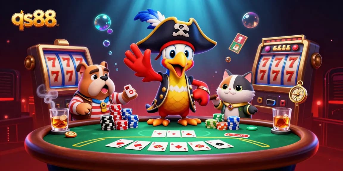 qs88 players gather around a vibrant poker table, surrounded by colorful casino elements.