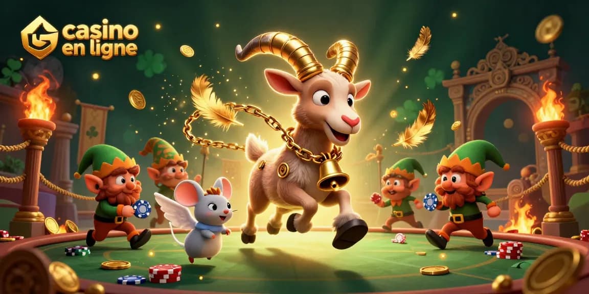 Une illustration d'un casino en ligne avec un Krampus, une souris ange et des gremlins volants, créant une ambiance festive.