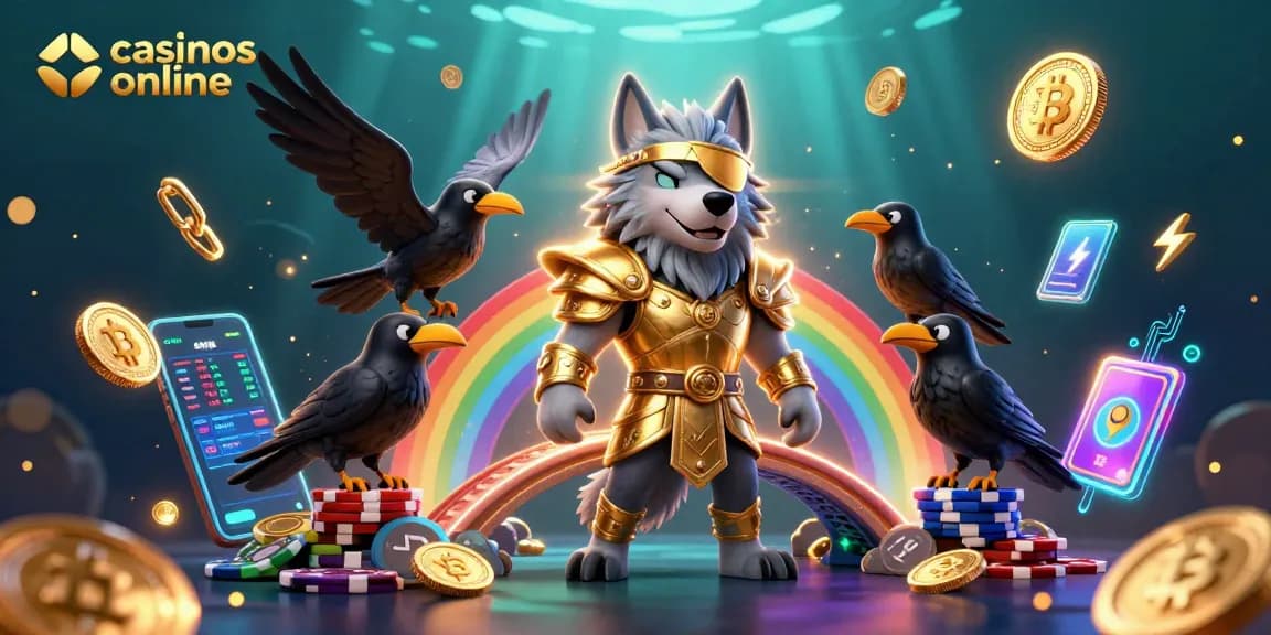 Disfruta de casinos online viendo al lobo Odin con sus cuervos en un puente de fichas de casino.