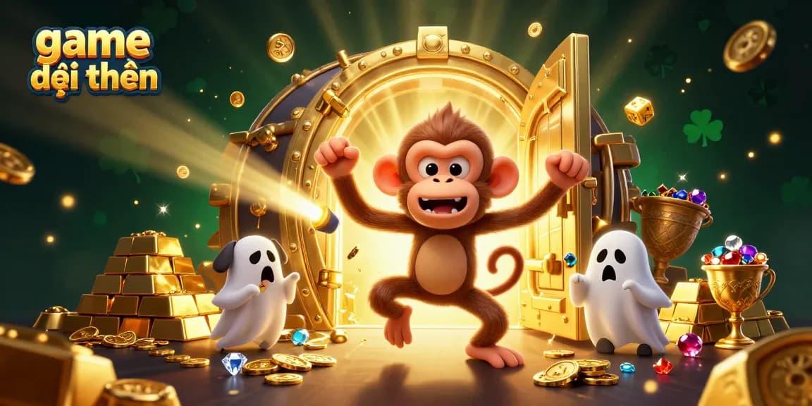 Engage in game đổi thưởng excitement with golden treasures and a playful ghost-hunter puppy in action.
