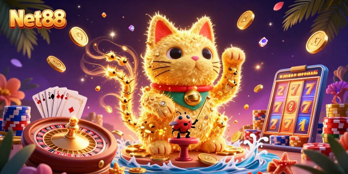 Experience the thrill of Net88 with a vibrant 3D illustration featuring a lucky cat and casino symbols.