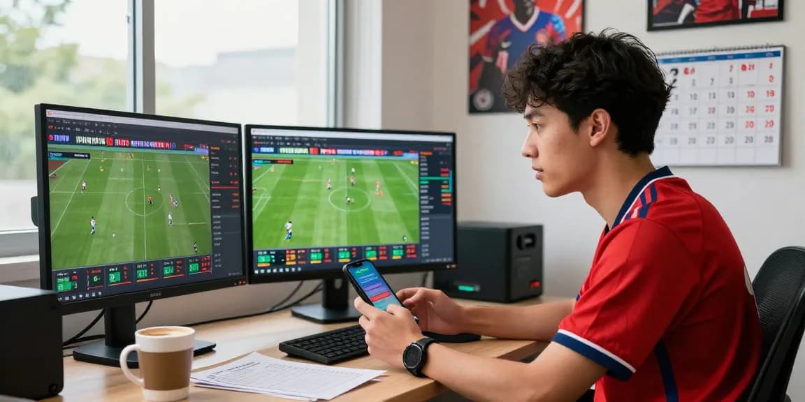 Engaged sports fan analyzing live betting odds on keobongdahomnay platform for football matches.