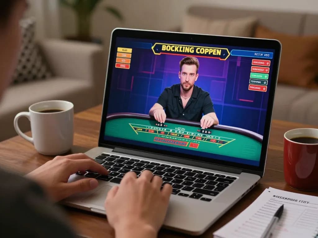 Player engaged with o8casino on laptop in a cozy home setting, displaying live dealer blackjack action.
