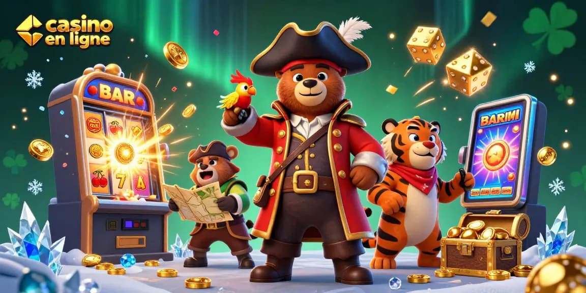 Jouez sur casino en ligne et découvrez des jackpots et promotions excitantes avec un ours pirate et un tigre.