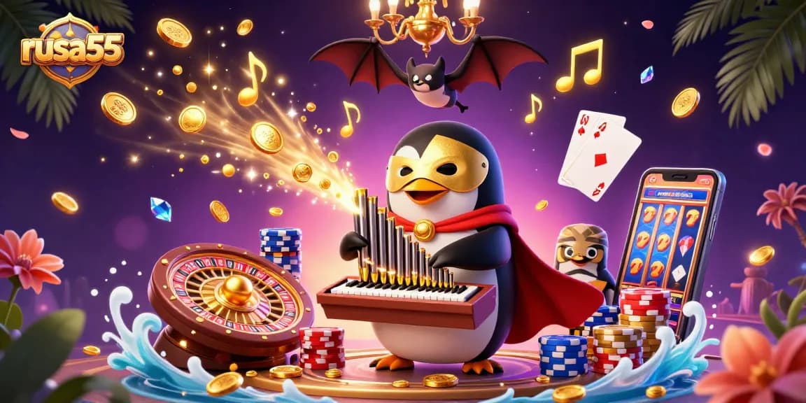 Experience the thrilling gameplay of rusa55 with golden coins raining as the penguin plays, attracting big wins!