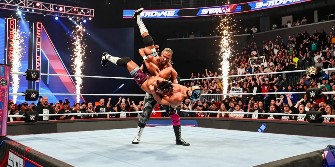 WWE SmackDown action featuring Randy Orton and Cody Rhodes in an electrifying wrestling match.