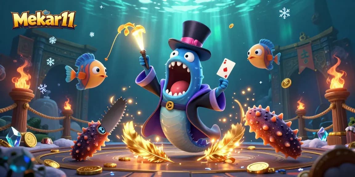 Experience winning chances with mekar11 in a vibrant underwater casino scene featuring card tricks!