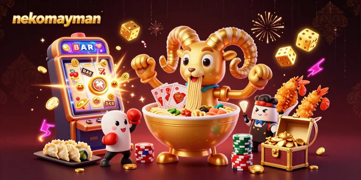 Engage in thrilling gameplay with nekomayman, a vibrant casino scene featuring a dynamic ramen bowl character.