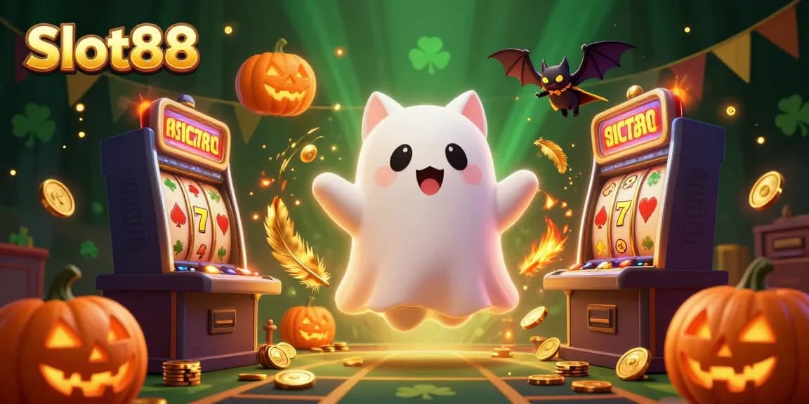 Engage with Slot88's vibrant, action-packed casino scene featuring ghostly characters and enchanting symbols.