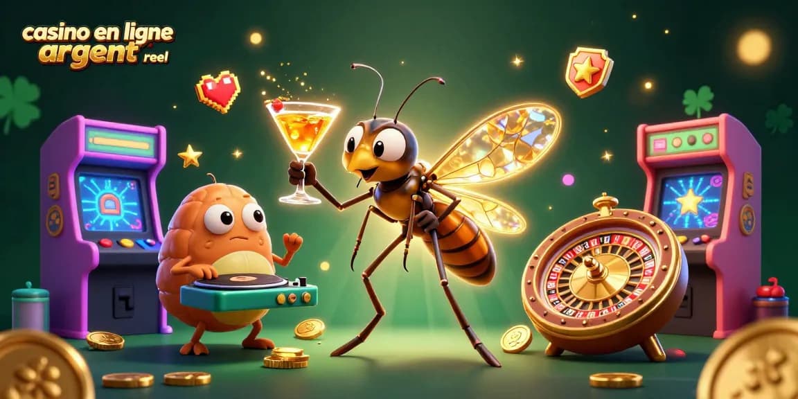 Découvrez une illustration dynamique du casino en ligne argent réel avec des personnages colorés et une ambiance de jeu immersive.