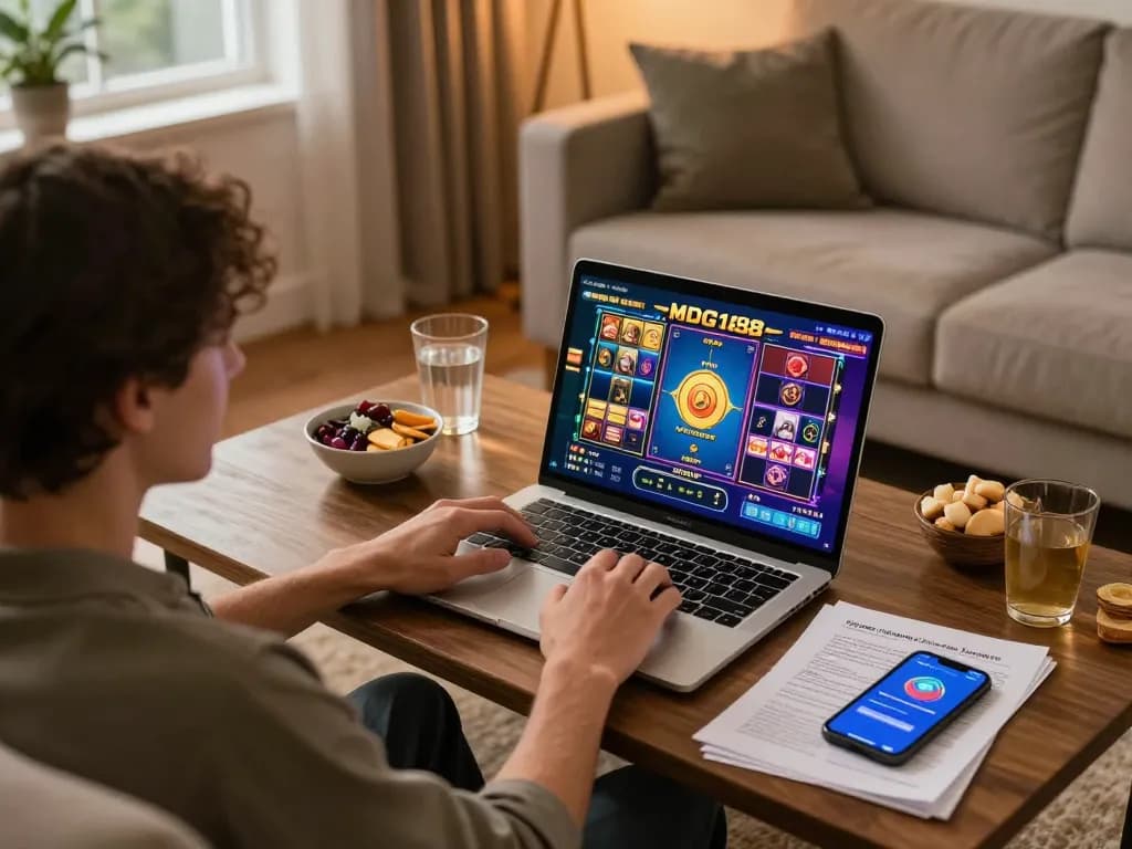 Playing MDG188 online slot game on a laptop in a cozy home setup with warm lighting and snacks