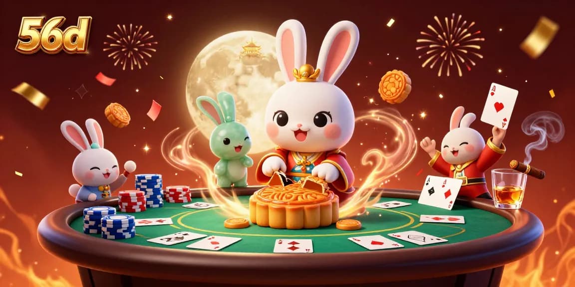 Experience 56d's vibrant casino celebrating joyful gaming with a moon rabbit and poker chips.