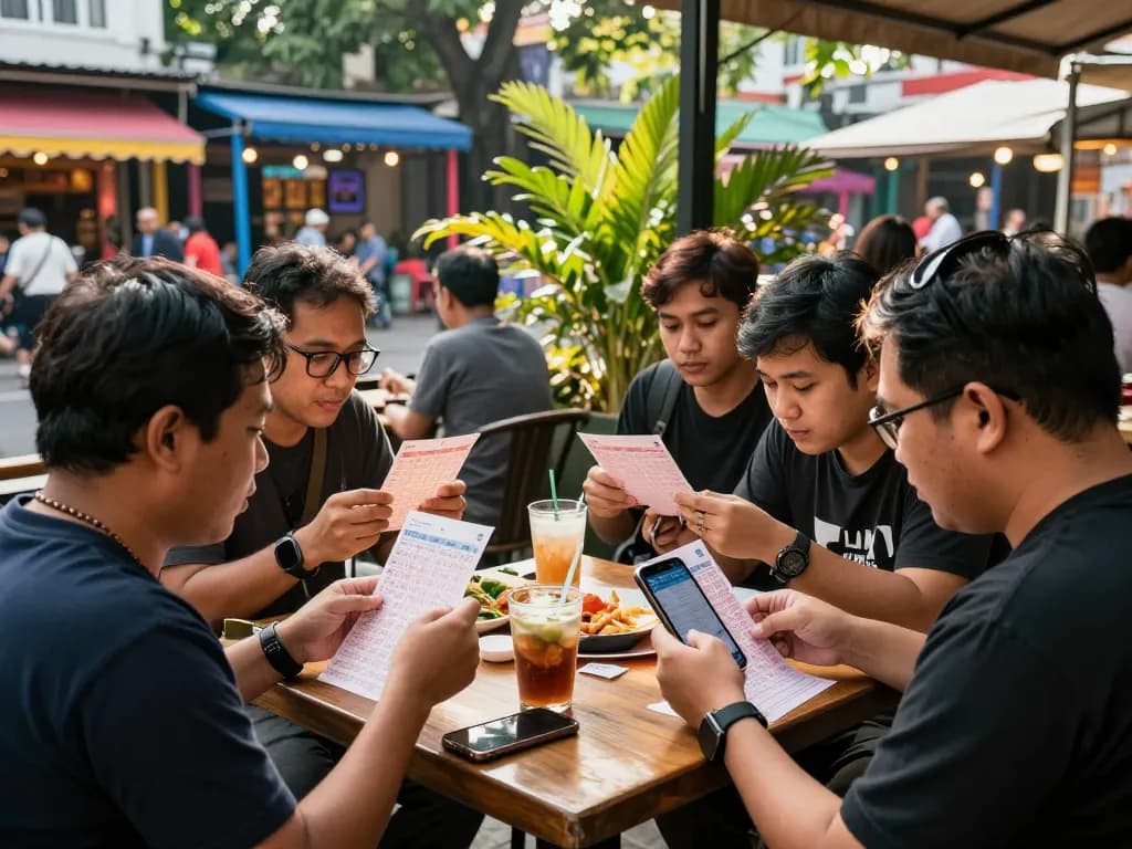 Excited group analyzing Data HK lottery results in a vibrant Jakarta café.