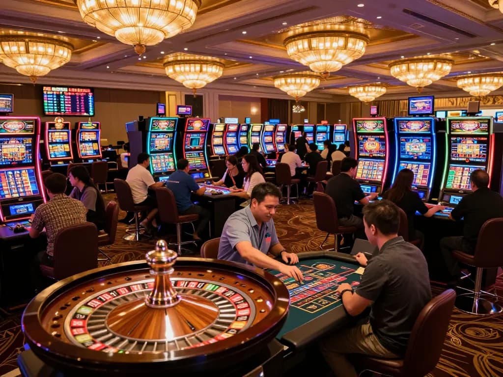 Paito macau results displayed prominently above players navigating the excitement of the casino.